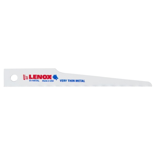 LENOX 20425B432T bi-metal reciprocating saw blade for very thin metal, white with blue and red text, side view.