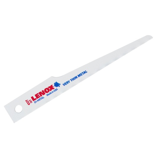 Photo of LENOX bi-metal reciprocating saw blade 20425B432T for very thin metal, white, angled on white background.