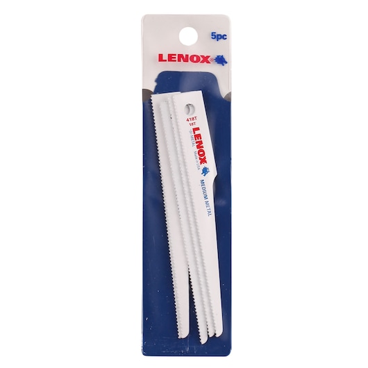 LENOX 20426418T reciprocating saw blade set, 5-piece, white blades in retail packaging, front angle.