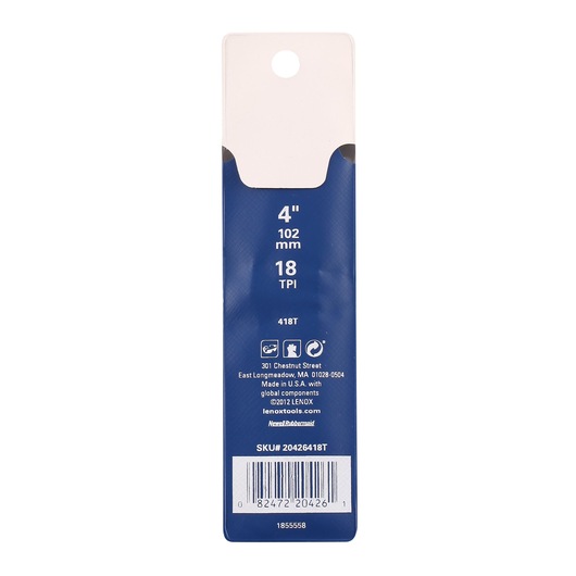 Photo of LENOX 20426418T saw blade packaging, blue and white, showing 4 inch length and 18 TPI details, rear view.
