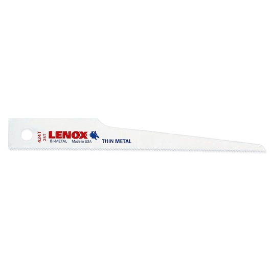 LENOX 20427424T bi-metal reciprocating saw blade for thin metal, white finish, side view on white background.
