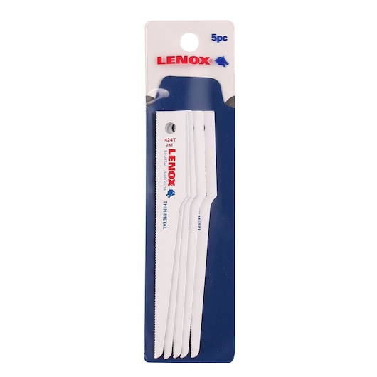 Photo of LENOX 20427424T thin metal reciprocating saw blades 5-piece set in retail packaging, front angle, white background.