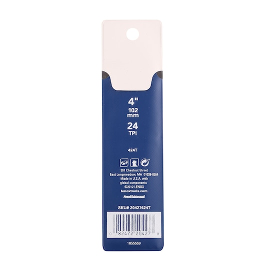 LENOX 20427424T saw blade packaging, blue and white, rear view with specifications and barcode.