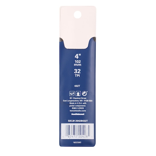 LENOX 4 inch 32 TPI saw blade packaging, SKU 20428432T, product rear view on white background.
