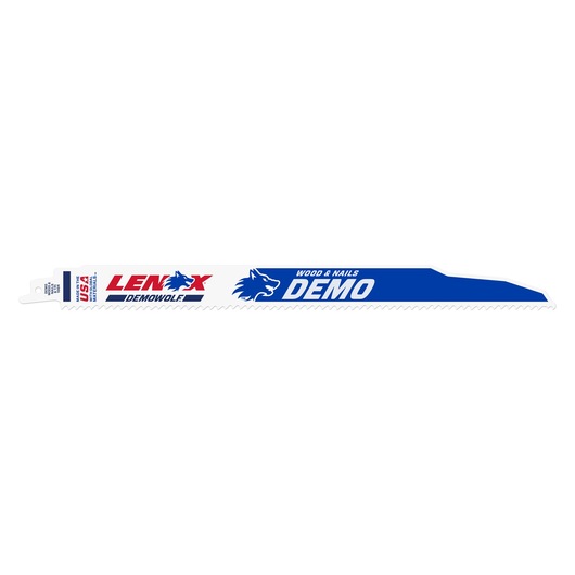 LENOX 20485B106R reciprocating saw blade, white with blue and red DEMOWOLF branding, side view on white.
