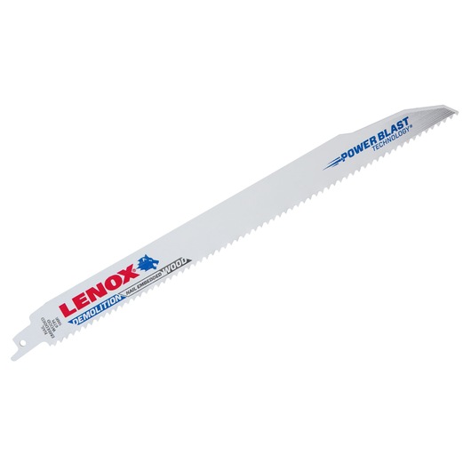 Photo of LENOX 20485B106R demolition reciprocating saw blade, white with blue and red text, angled on white background.