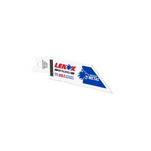 LENOX 20489B418R medium metal reciprocating saw blade, white with blue and red branding, side angle on white background.