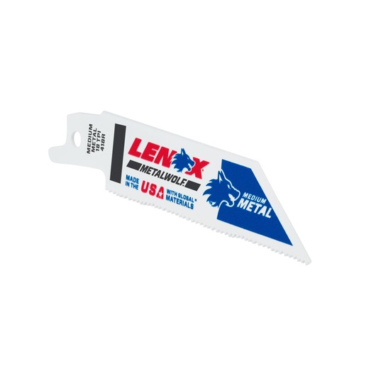 LENOX 20489B418R reciprocating saw blade for medium metal, white blade with blue and red branding, angled tip, product angle view.