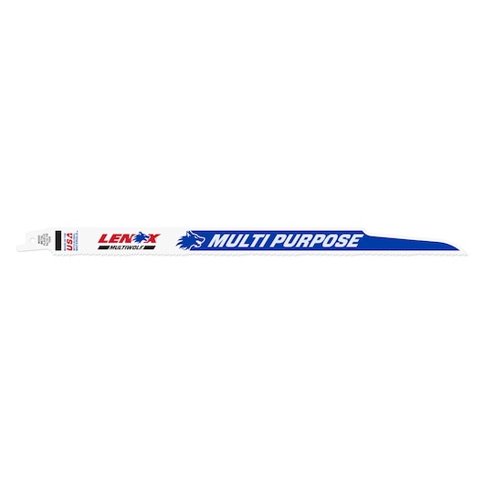 Photo of LENOX 20491B110R multi-purpose reciprocating saw blades, blue and white, set of 25, front angle on white background.