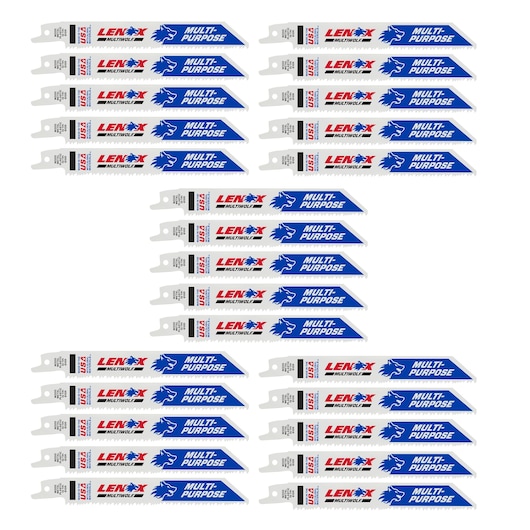 LENOX 20493b610r multi-purpose reciprocating saw blades, blue and white, front angle, photography.