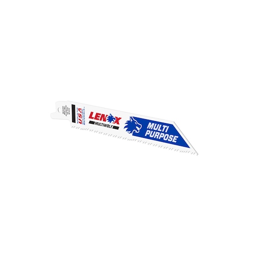 LENOX MULTIWOLF multi-purpose reciprocating saw blade 20493b610r, blue and white, side angle, photography.