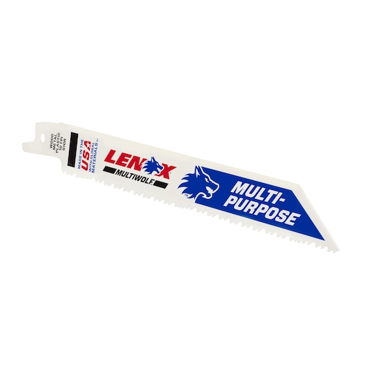 LENOX 20493b610r multi-purpose reciprocating saw blade, white with blue and red branding, angled view on white background.