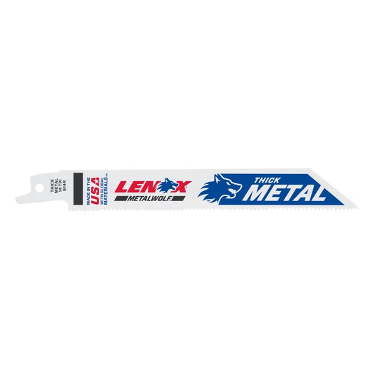 LENOX 20494B614R thick metal reciprocating saw blade, white with blue and red graphics, side angle.