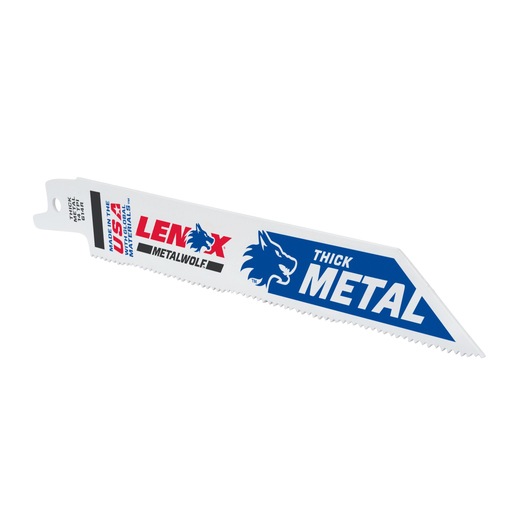 LENOX 20494B614R reciprocating saw blade for thick metal, angled view, blue and white design.