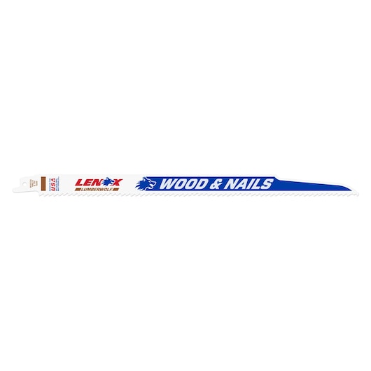 LENOX 20495B156R reciprocating saw blades, blue and white, wood and nails, set of 25, flat lay, white background.