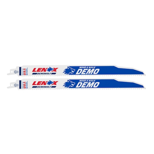 LENOX 20500106R reciprocating saw blades for wood and nails, DemoWolf series, side view, white and blue.