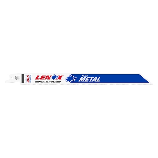 LENOX 205119514R thick metal reciprocating saw blade, blue and white, side angle on white background.