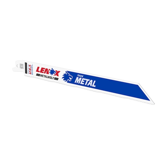 LENOX 205119514R reciprocating saw blade for thick metal, white and blue, angled tip, product photo on white background.