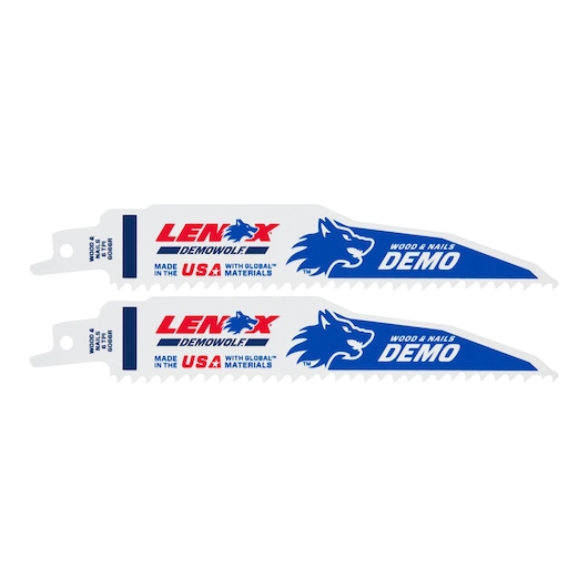 Photo of two LENOX DEMOWOLF reciprocating saw blades 205126066R, white with blue and red branding, side angle on white background.