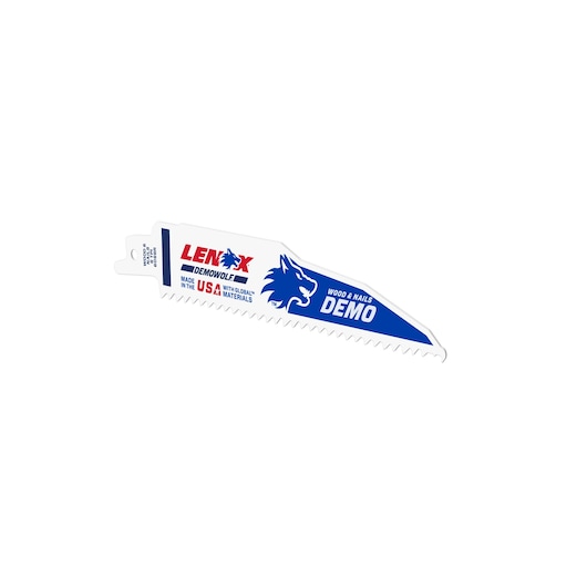 LENOX DEMOWOLF reciprocating saw blade for wood and nails, white with blue wolf logo, 205126066R, side view.