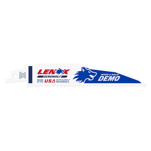 LENOX 20514B6066R reciprocating saw blade, white with blue and red wolf logo, labeled for wood and nails, straight angle.