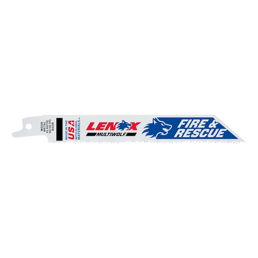 LENOX 20515B650R reciprocating saw blade, white with blue and red graphics, angled tip, Fire & Rescue branding, side view.