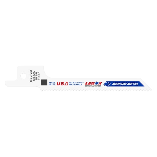 LENOX 20521318RC medium metal reciprocating saw blade, white with blue and red accents, side angle.