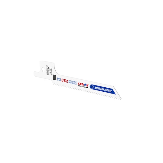 Photo of LENOX 20521318RC medium metal reciprocating saw blade, white with blue and red text, angled on white background.