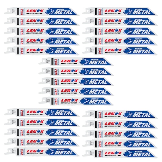 Photo of LENOX medium metal reciprocating saw blades, SKU 20529B618R, white and blue, front angle.