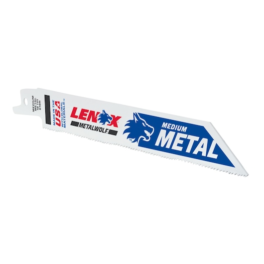 Photo of LENOX 20529B618R reciprocating saw blade for medium metal, white blade with blue and red text, angled tip, on white background.