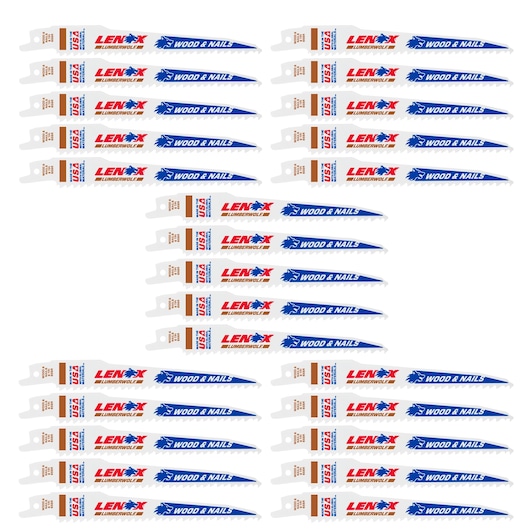 LENOX 20530B656R reciprocating saw blades, blue and white, for wood and nails, multiple pieces, product photography, flat lay.