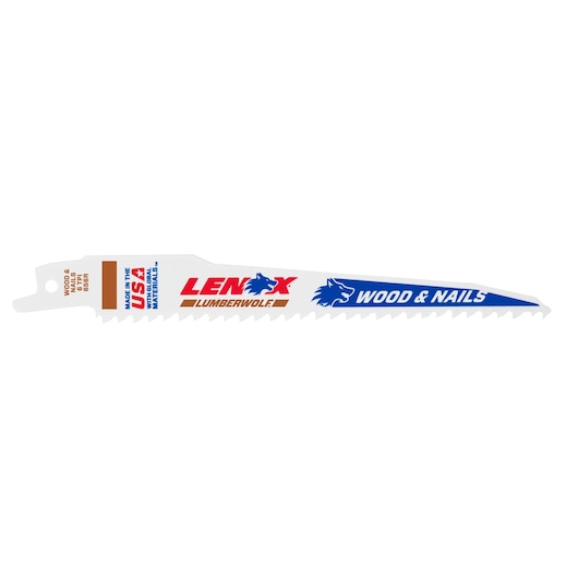 Photo of LENOX reciprocating saw blade for wood and nails, model 20530B656R, side angle on white background.