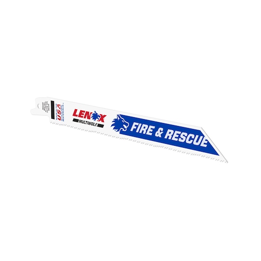 LENOX 20535B850R reciprocating saw blade, white with blue and red branding, angled tip, product on white background.