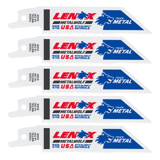 Photo of five LENOX METALWOLF reciprocating saw blades, SKU 20550414R, white blades with blue wolf logo for thick metal.