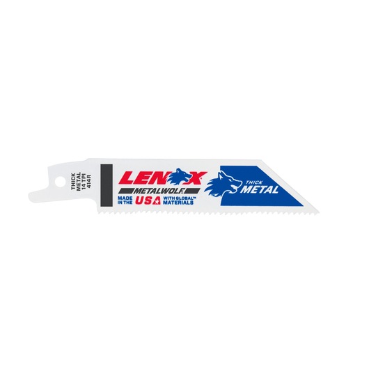 LENOX Metalwolf thick metal reciprocating saw blade SKU 20550414R, white and blue, side angle photo.