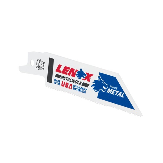 LENOX 20550414R reciprocating saw blade for thick metal, white with blue and red accents, angled side view.