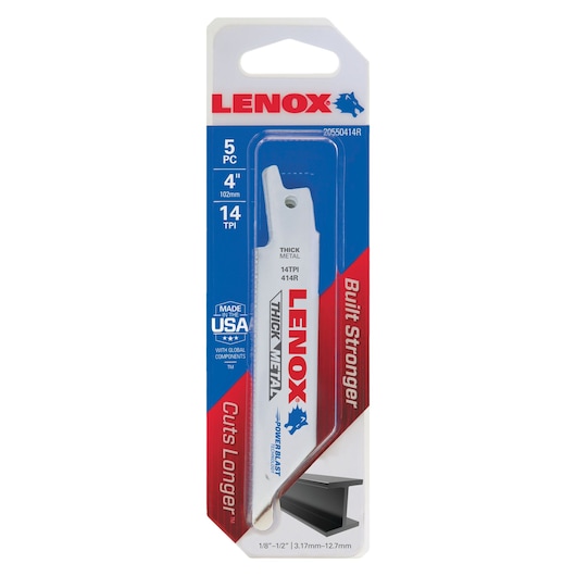 LENOX 20550414R 4-inch 14 TPI thick metal reciprocating saw blades pack, front angle on white background
