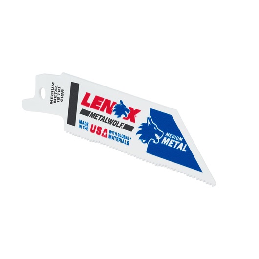 LENOX METALWOLF reciprocating saw blade 20552418R, white with blue and red text, medium metal, angled view on white background.