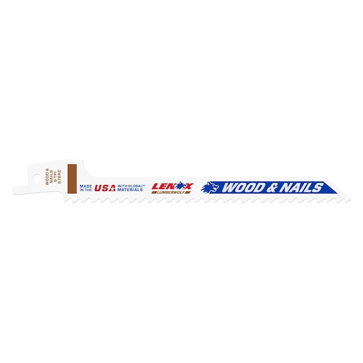 Photo of LENOX 20556676RC reciprocating saw blade for wood and nails, white blade with blue and red branding, side angle.