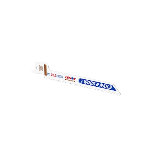 LENOX 20556676RC reciprocating saw blade for wood and nails, white with blue and red text, side angle.