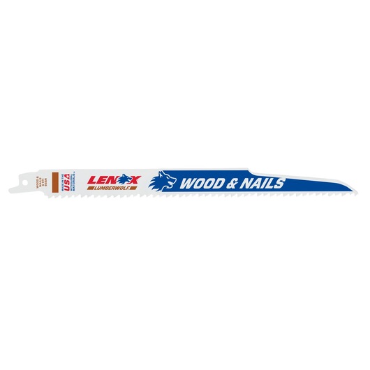 LENOX 20558B956R reciprocating saw blade, white with blue and gold accents, for cutting wood and nails, side angle.