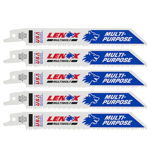 LENOX 20562610R multi-purpose reciprocating saw blades, white and blue, side angle, pack of five.