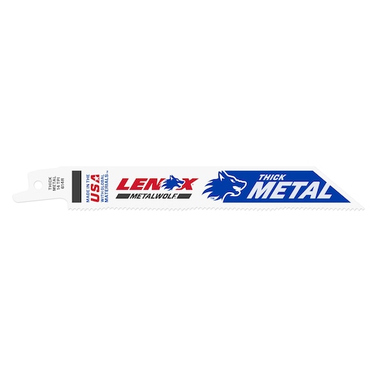 LENOX 20564614R thick metal reciprocating saw blade, white with blue and red branding, side view on white background.