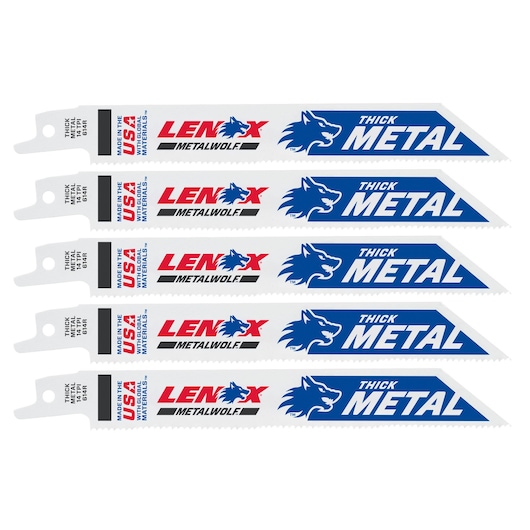 LENOX 20564614R reciprocating saw blades for thick metal, five-pack, side angle on white background.