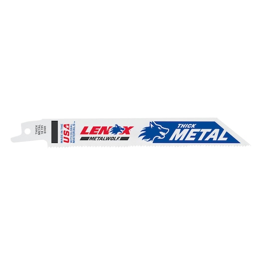 LENOX 20564614R reciprocating saw blade for thick metal, white with blue and red branding, side angle.