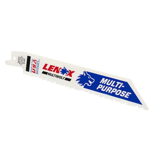 LENOX 20565S614R reciprocating saw blade for thick metal, white with blue and red branding, angled view on white background.