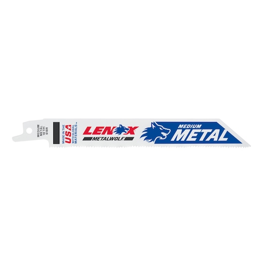 LENOX 20566618R medium metal reciprocating saw blade, white with blue and red branding, side view on white background.