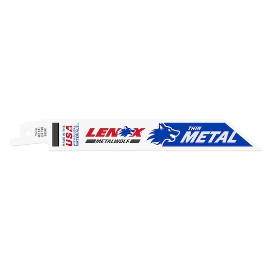 Photo of five LENOX 20568624R METALWOLF reciprocating saw blades for thin metal, white with blue and red branding, side angle.