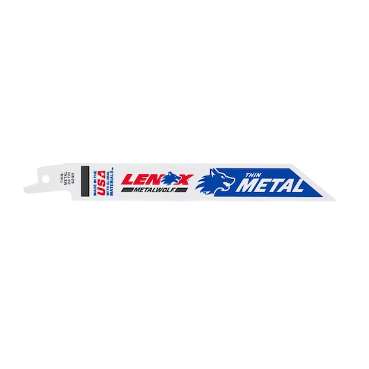 LENOX 20568624R thin metal reciprocating saw blade, side view, white and blue design.