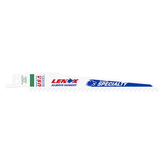 Photo of LENOX plaster specialty reciprocating saw blade, SKU 20570636rp, white background, angled side view.